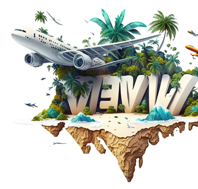 Illustrated floating island with an aeroplane and palm trees
