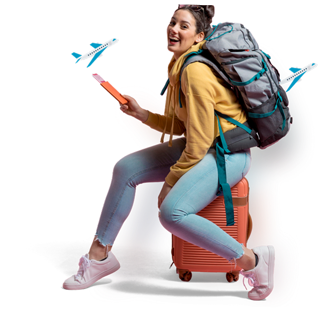 Traveller with a backpack sitting on a suitcase, ready to depart